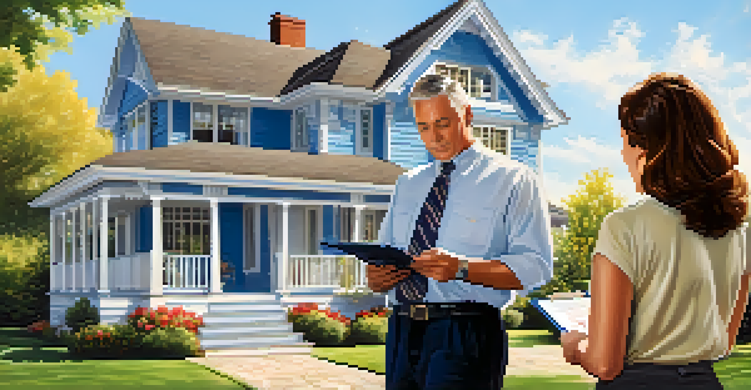 A home inspector explaining property findings to a couple in front of a beautiful house on a sunny day.
