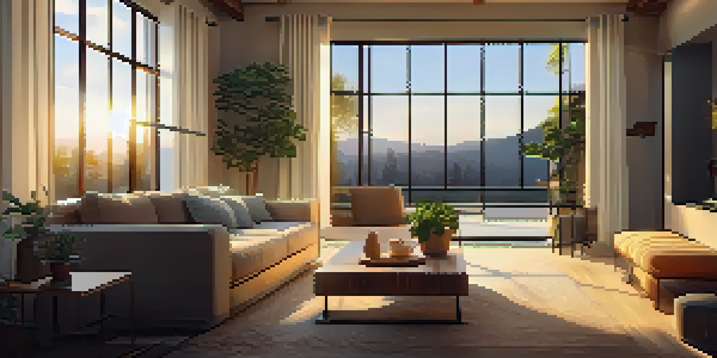 A warm and inviting living room with soft lighting, a comfortable sofa, and large windows allowing sunlight in.