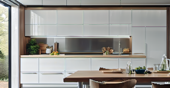 A modern kitchen with shiny chrome cabinet handles on white cabinetry, illuminated by soft lighting.