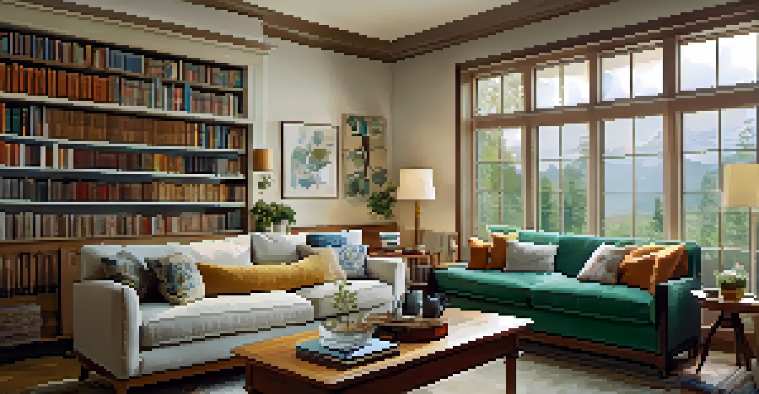 A cozy living room with a comfortable sofa, bookshelves, and a sunny window, featuring a steaming cup of coffee on a table.