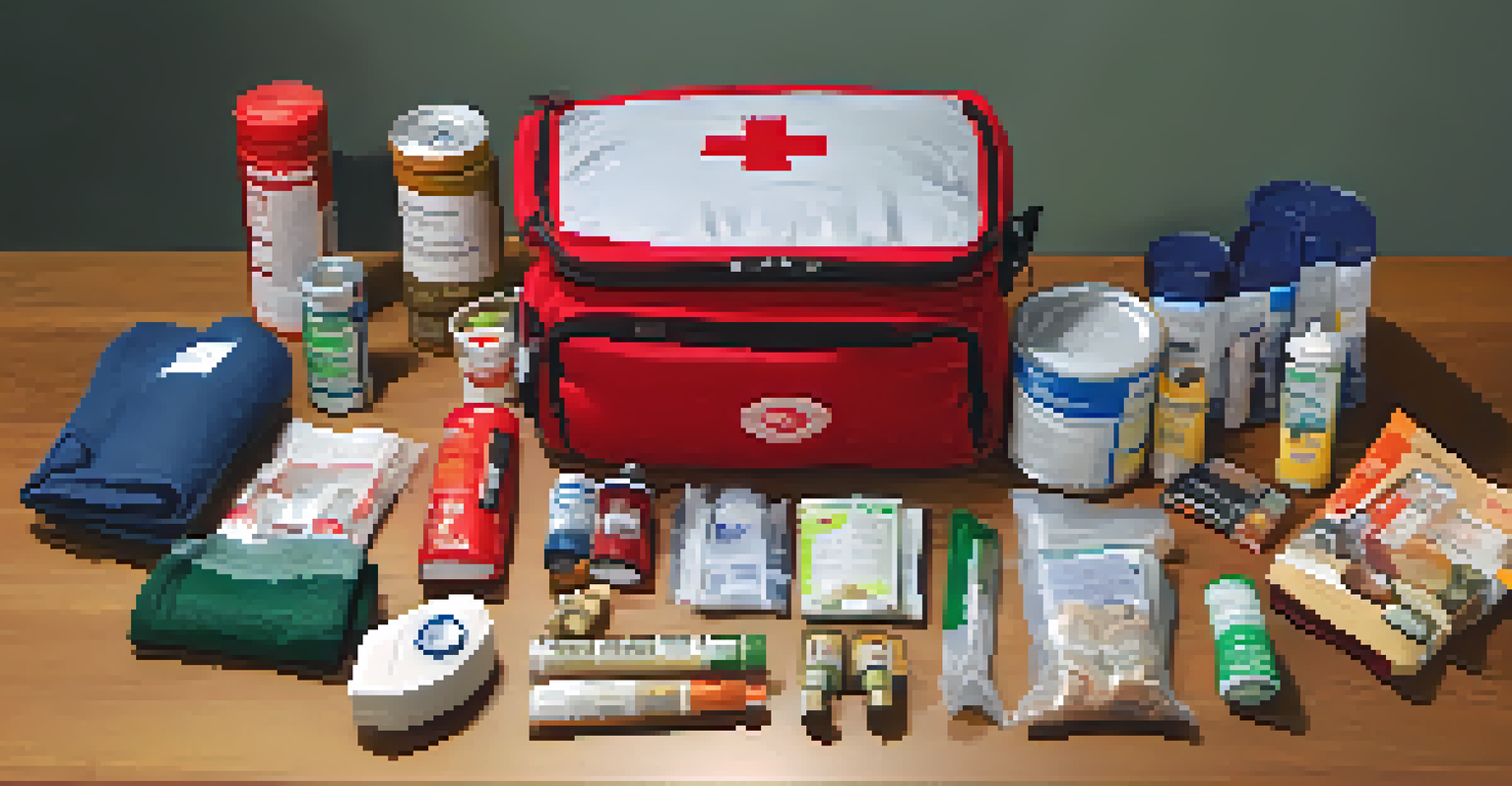 A close-up of a winter emergency kit featuring a flashlight, batteries, and food items arranged neatly.