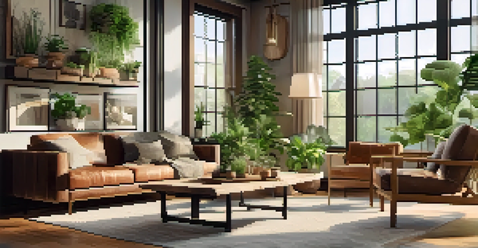 A bright living room filled with plants, natural light, and reclaimed wood furniture, creating a cozy and tranquil space.