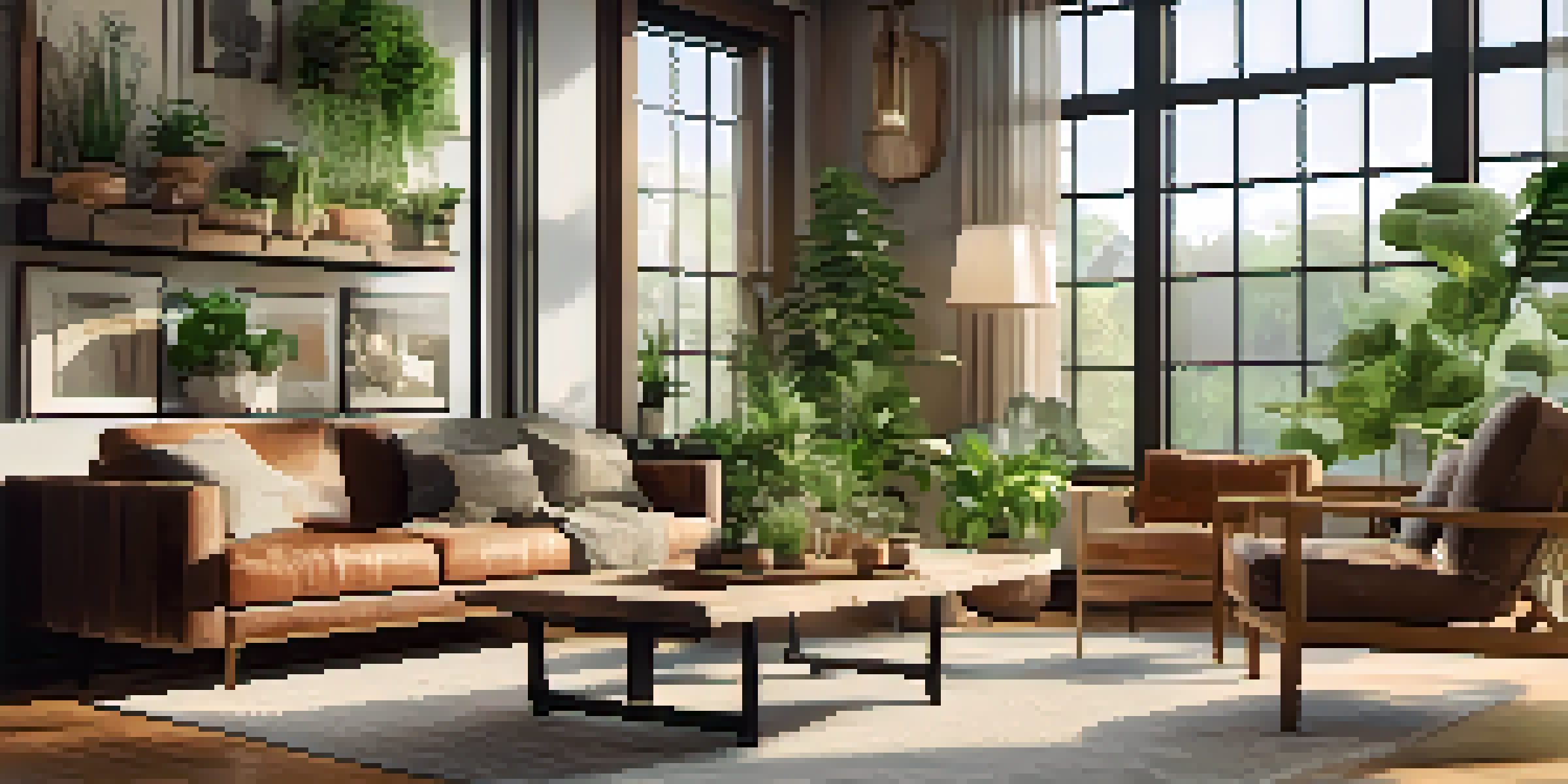 A bright living room filled with plants, natural light, and reclaimed wood furniture, creating a cozy and tranquil space.