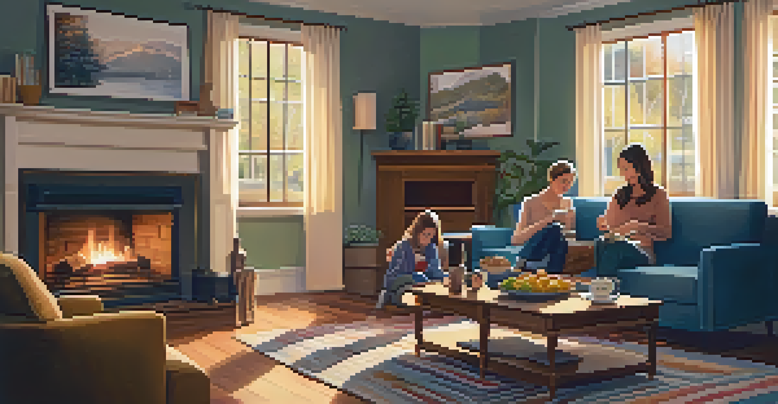 A warm and inviting living room with a family enjoying snacks and drinks together around a coffee table.