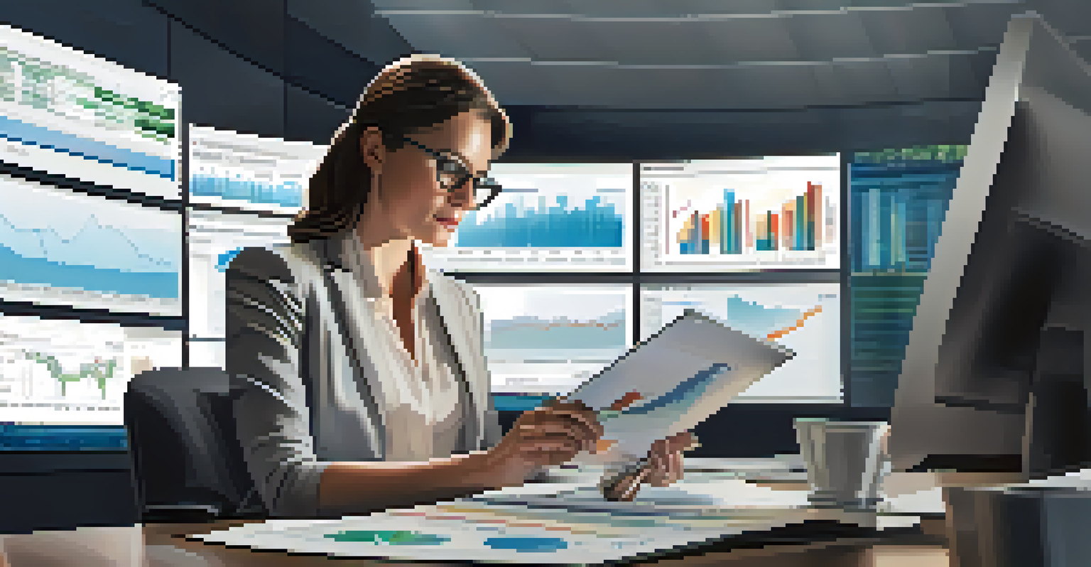 A financial analyst in an office looking at charts on a tablet, with stock market data on a monitor.