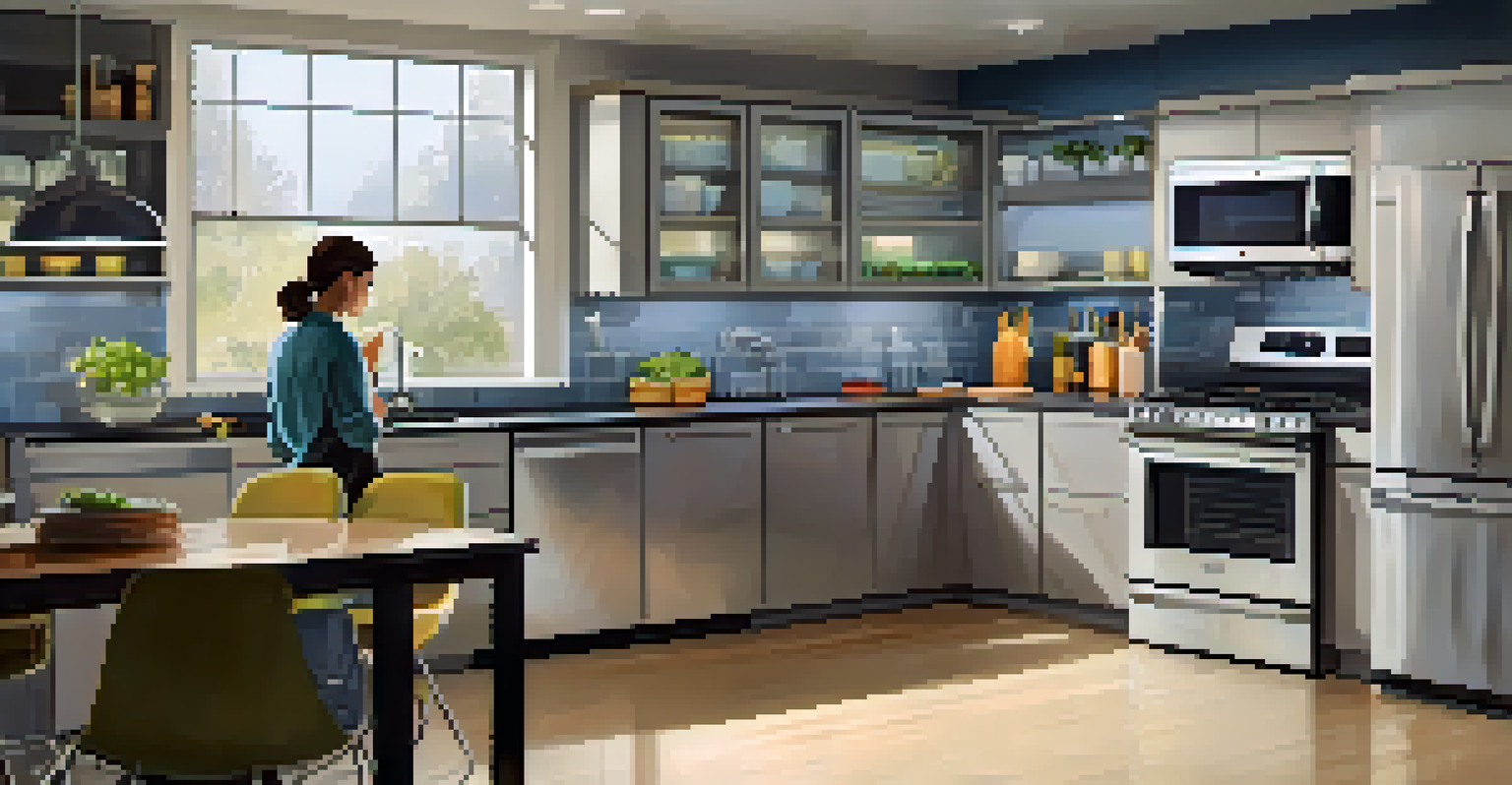 A technician examining a dishwasher in a bright modern kitchen with stainless steel appliances.
