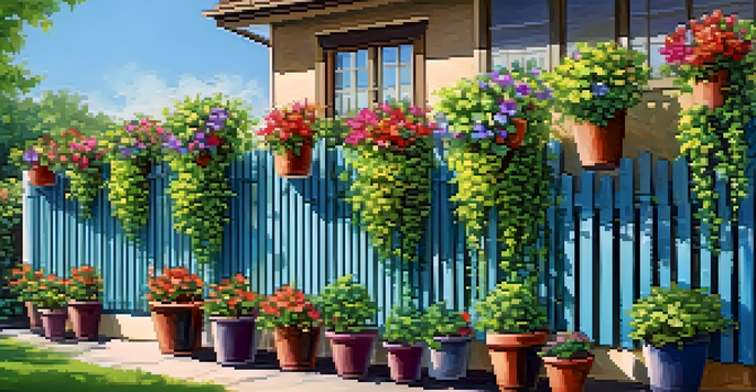 A vertical garden fence featuring colorful pots and cascading vines, set in a small backyard under a bright blue sky.