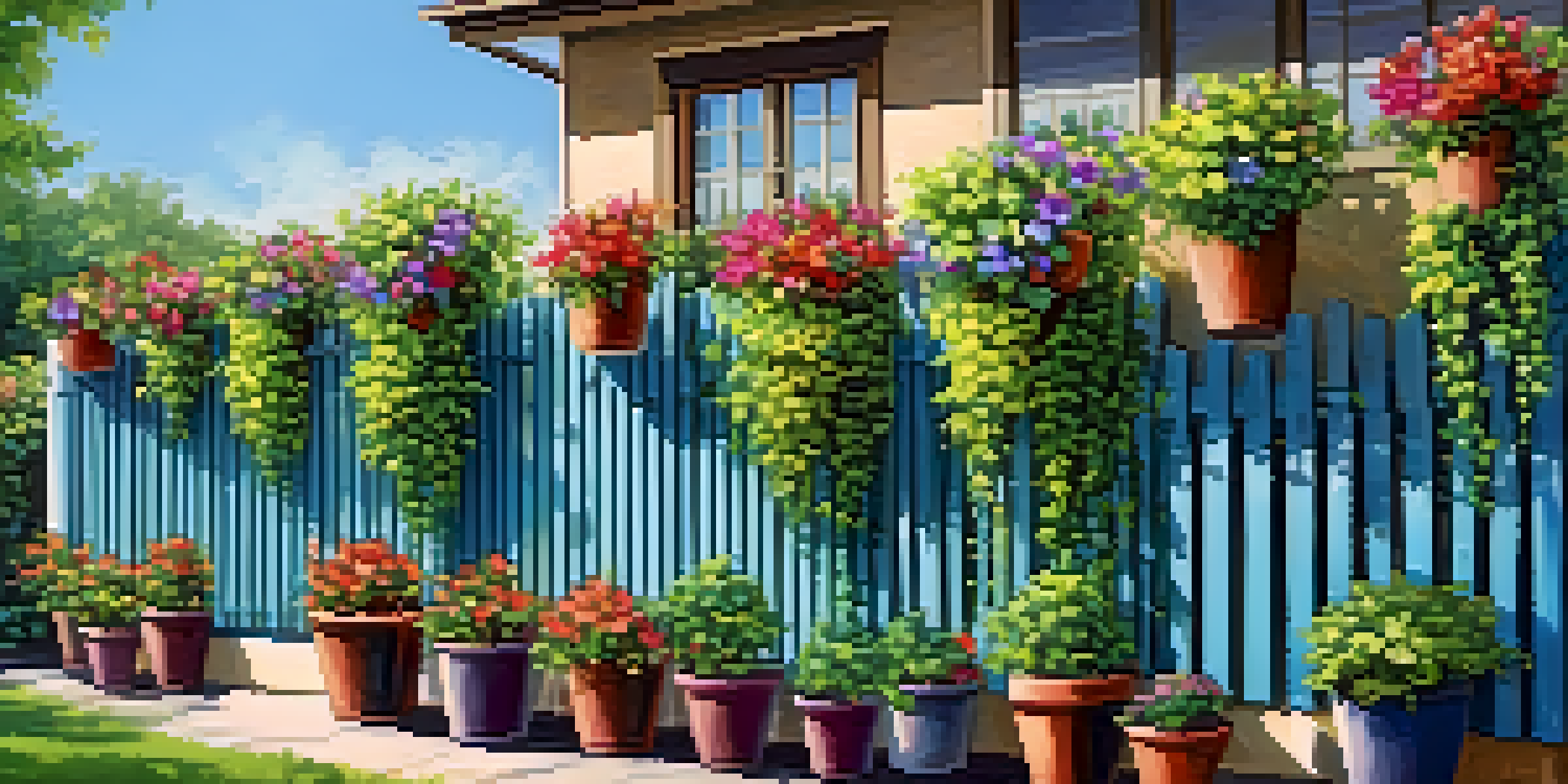 A vertical garden fence featuring colorful pots and cascading vines, set in a small backyard under a bright blue sky.