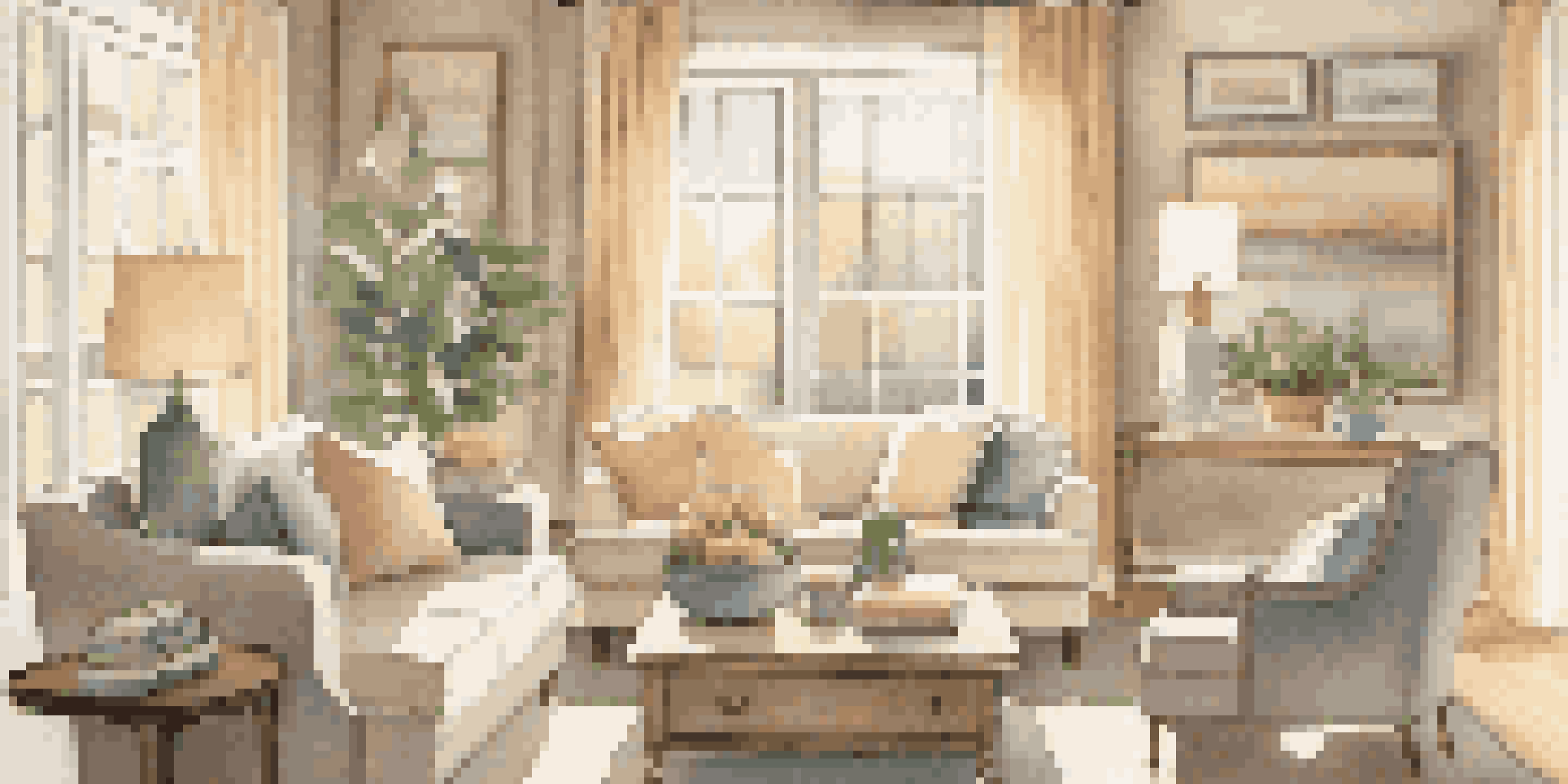 A sunlit living room with cozy furniture, large windows, and family photographs on the walls.