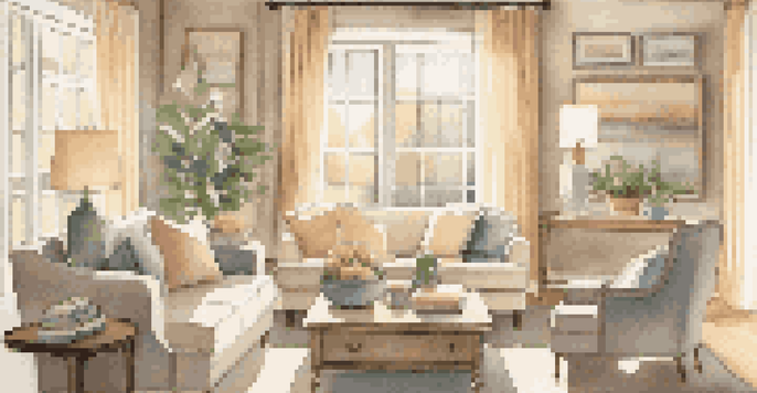 A sunlit living room with cozy furniture, large windows, and family photographs on the walls.