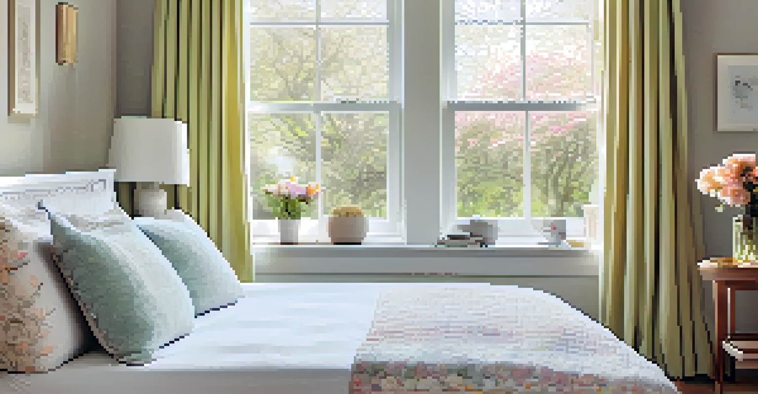 A bright bedroom with pastel throws and floral pillows on a bed, illuminated by sunlight from a window.