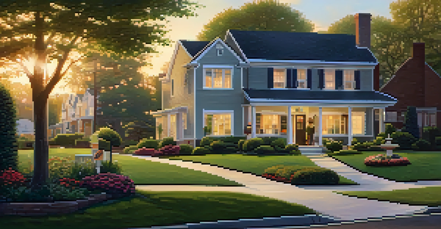 A suburban neighborhood with a 'For Sale' sign in front of a charming house, illuminated by the warm light of a sunset.