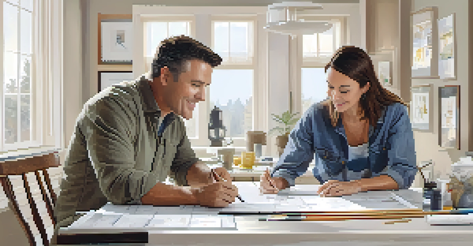 A contractor and homeowner discussing renovation plans at a table with design samples and a laptop, with sunlight streaming in and a partially painted wall in the background.