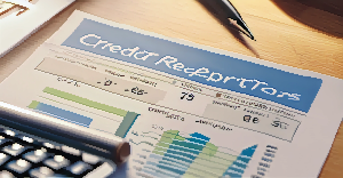 A close-up view of a credit report on a wooden desk with a pen and calculator, showcasing various graphs and numbers under soft natural light.