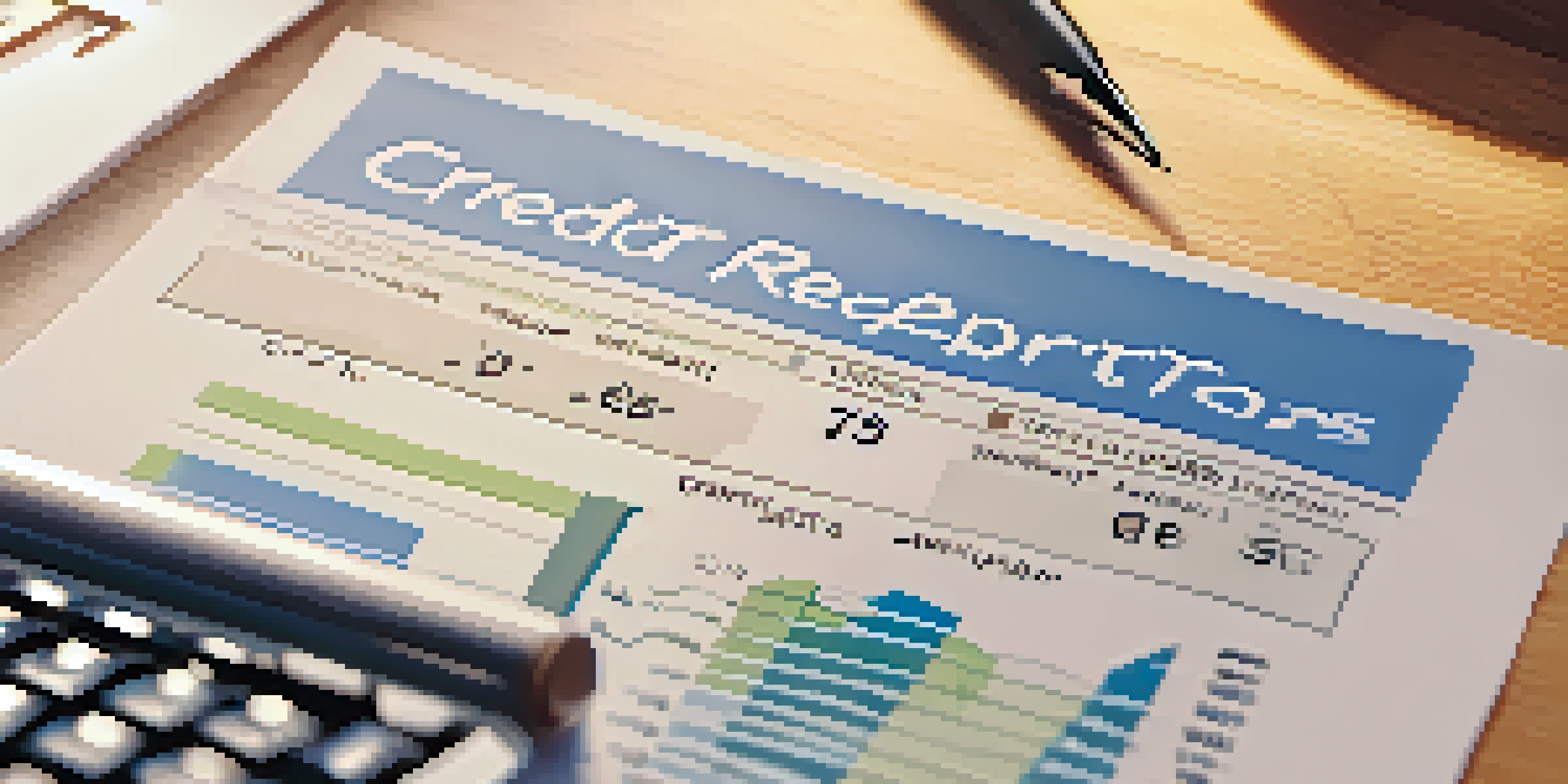 A close-up view of a credit report on a wooden desk with a pen and calculator, showcasing various graphs and numbers under soft natural light.