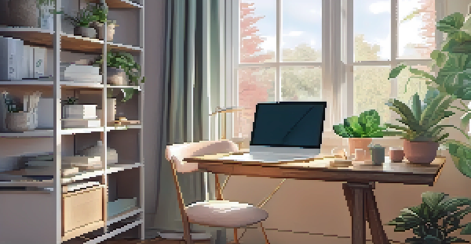 A cozy home office with a wooden desk, laptop, houseplants, and soft natural light coming through a window.