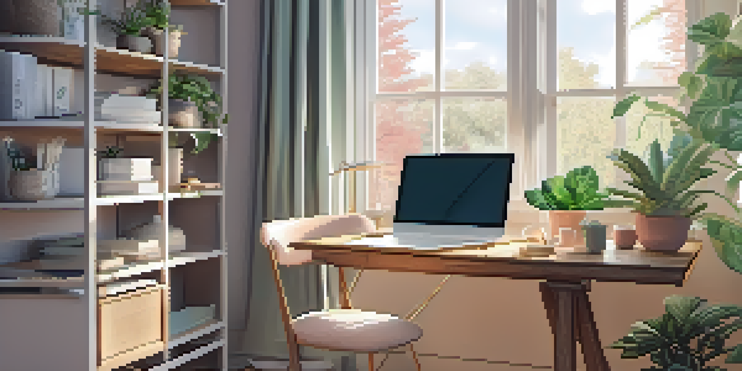 A cozy home office with a wooden desk, laptop, houseplants, and soft natural light coming through a window.