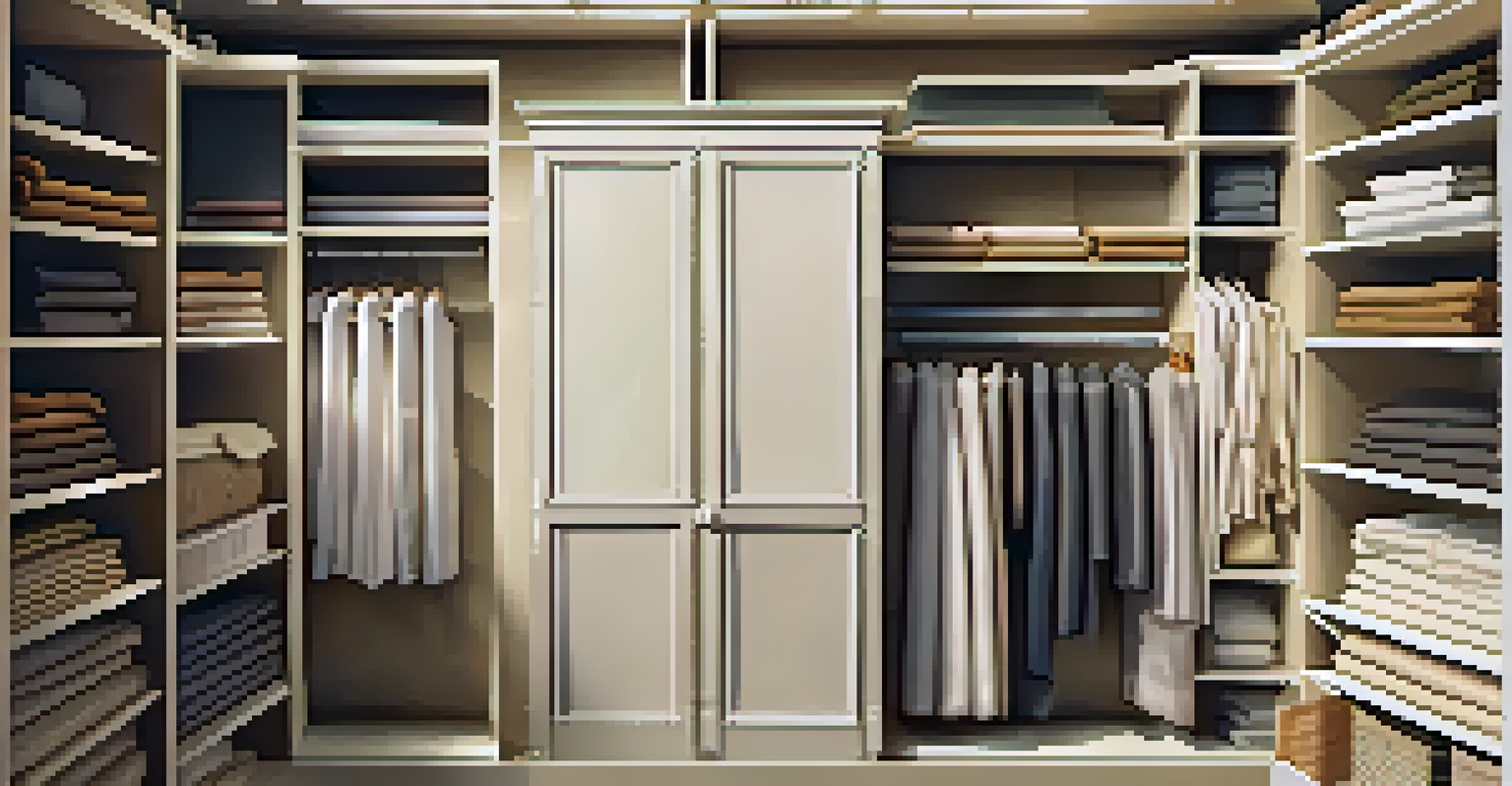 An organized linen closet with categorized shelves and labeled boxes in warm lighting.