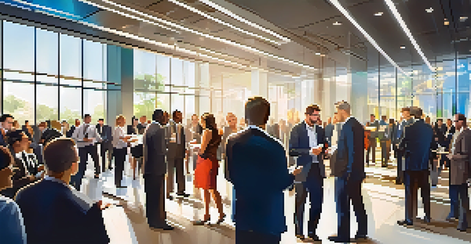 A busy networking event filled with diverse professionals engaging in conversations and exchanging business cards in a well-lit conference hall.