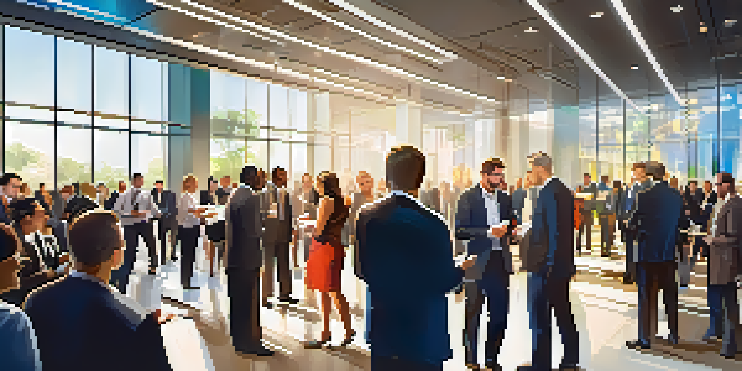 A busy networking event filled with diverse professionals engaging in conversations and exchanging business cards in a well-lit conference hall.