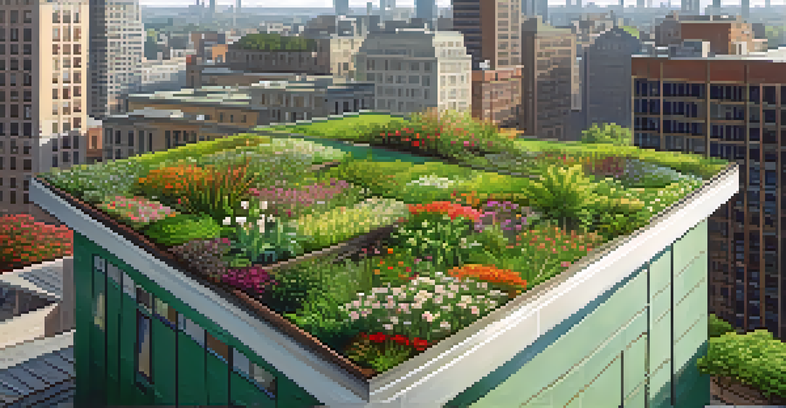 A green roof on an urban building, filled with plants and flowers against a city backdrop.