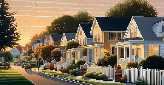 A picturesque suburban neighborhood during sunset with beautiful rental homes and gardens.