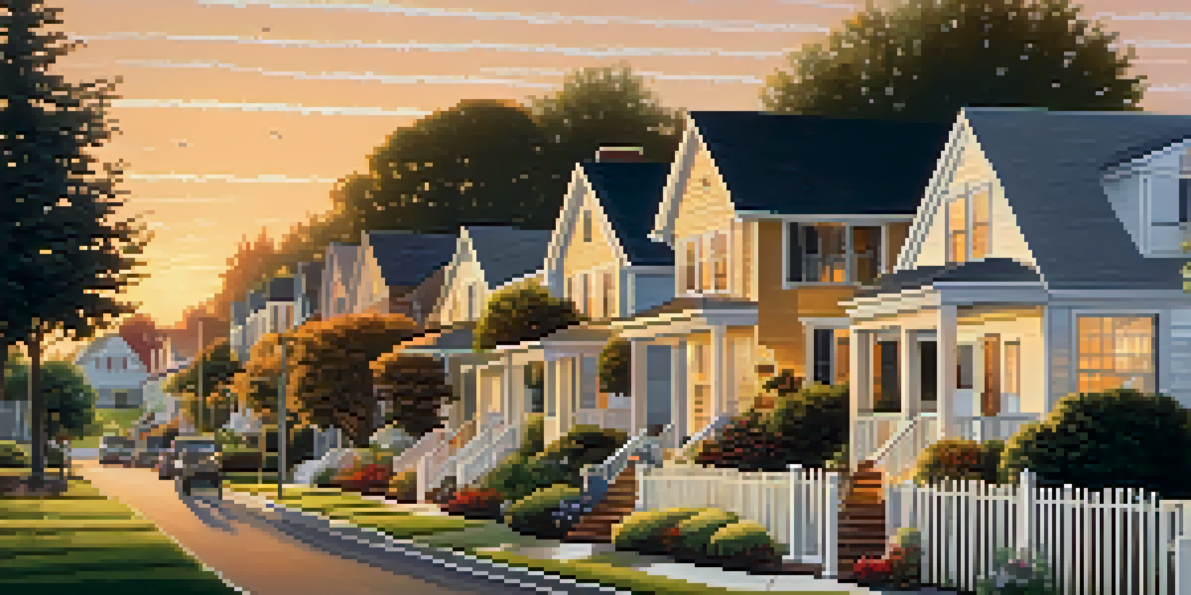 A picturesque suburban neighborhood during sunset with beautiful rental homes and gardens.