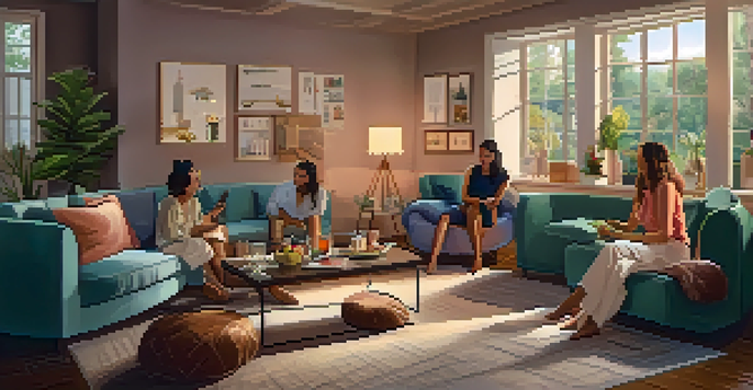 A cozy living room with guests enjoying a party, featuring smart lighting and a speaker.