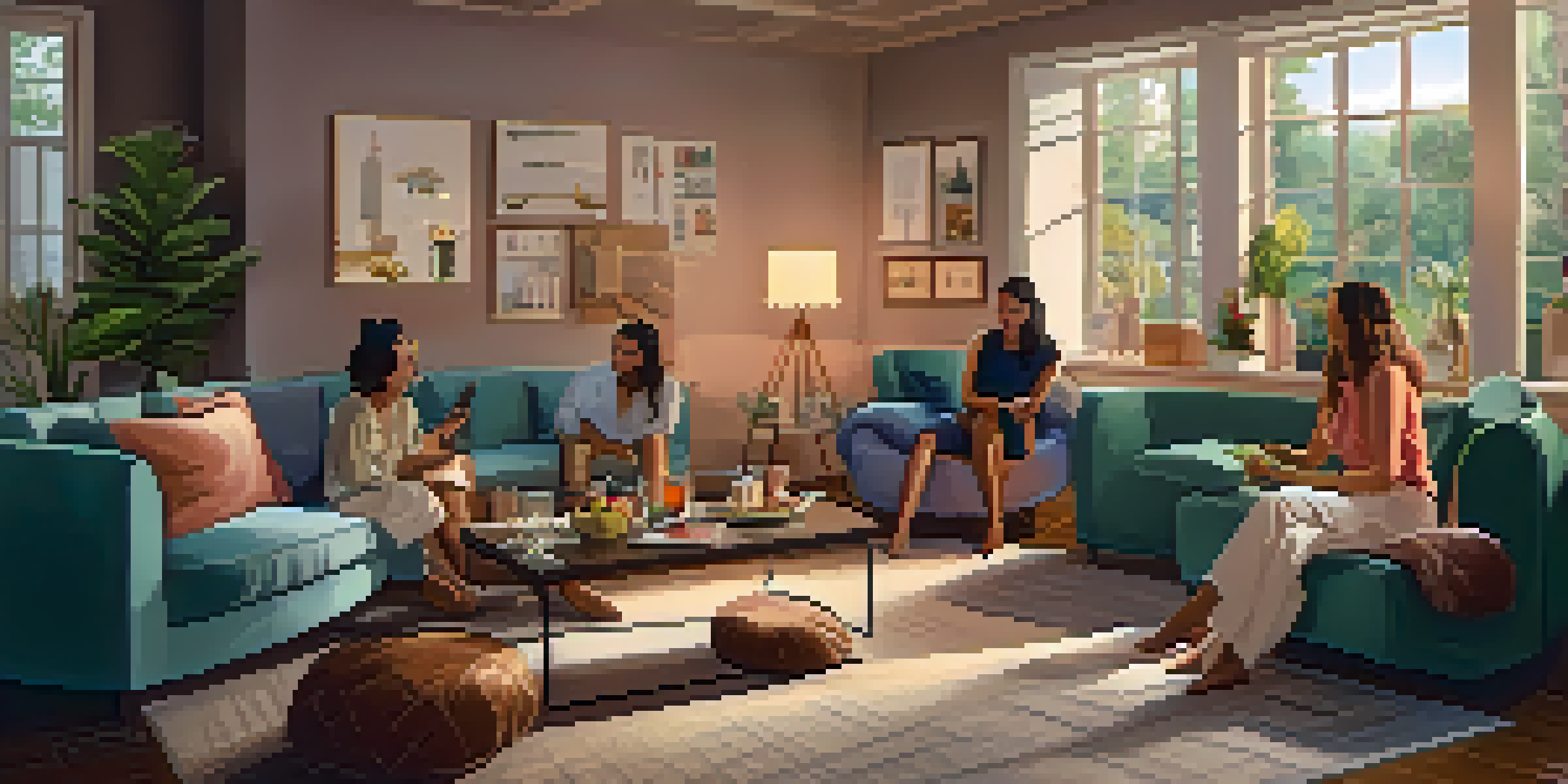 A cozy living room with guests enjoying a party, featuring smart lighting and a speaker.