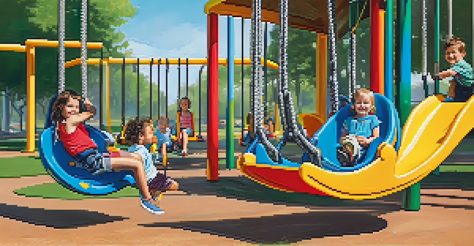 A detailed view of an inclusive swing designed for children with limited mobility, showcasing its supportive features and colorful design, with other play equipment in the background.