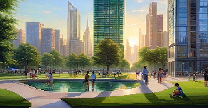 A modern skyline with residential and commercial buildings illuminated by golden hour light, with a park in the foreground where people are strolling and children are playing.