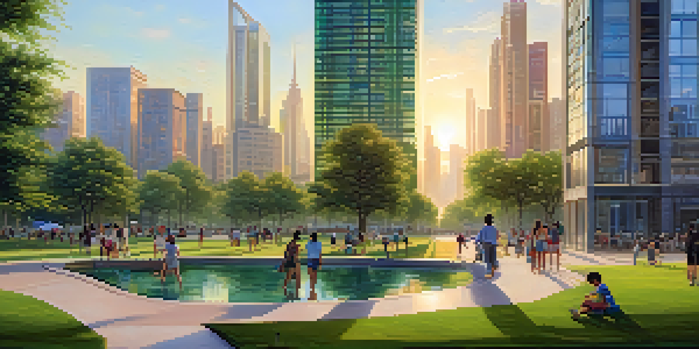 A modern skyline with residential and commercial buildings illuminated by golden hour light, with a park in the foreground where people are strolling and children are playing.