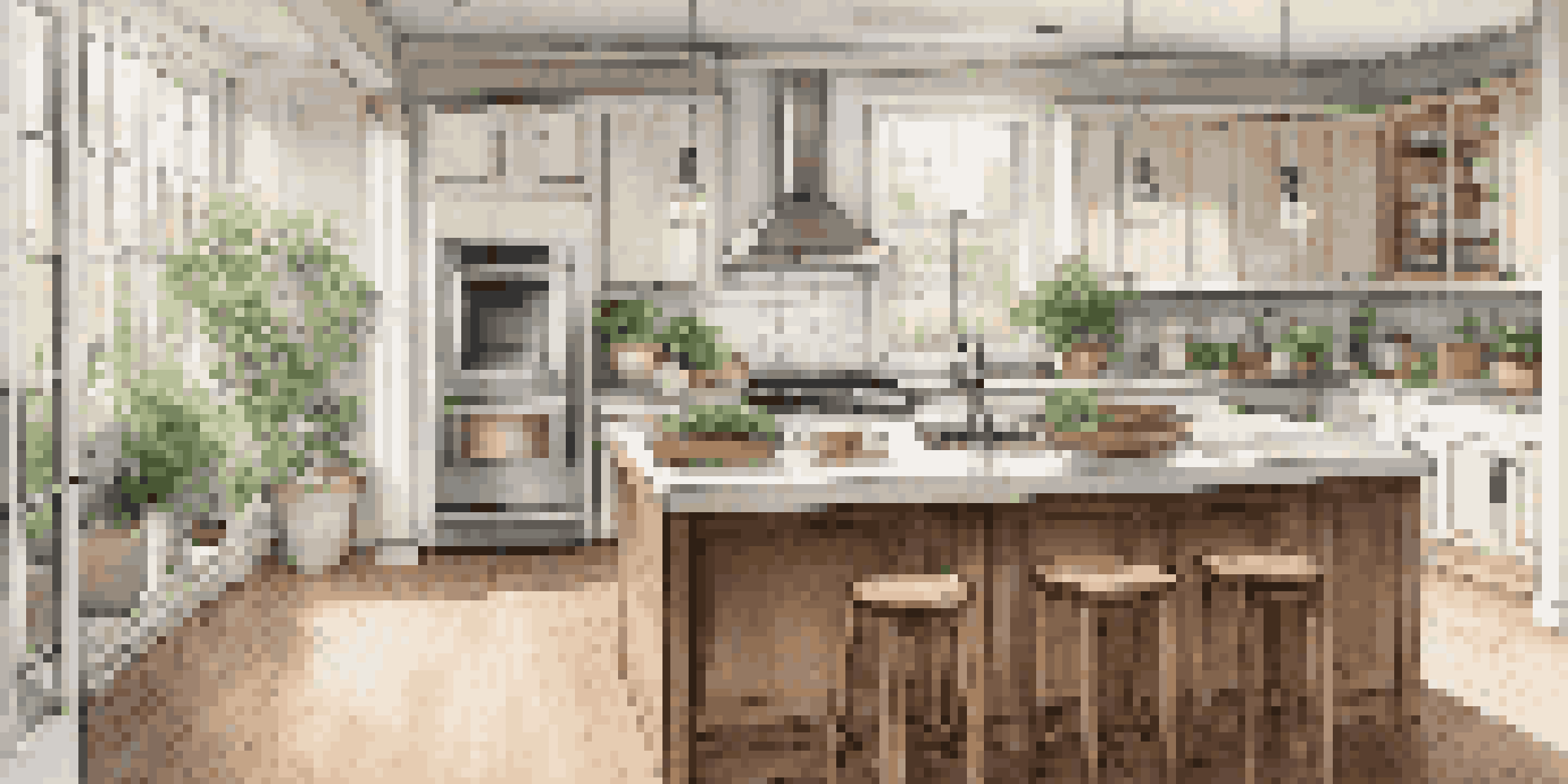 A modern kitchen with white cabinetry, wooden accents, and large windows allowing natural light to shine in, with herbs on the windowsill.