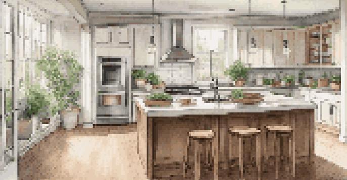 A modern kitchen with white cabinetry, wooden accents, and large windows allowing natural light to shine in, with herbs on the windowsill.