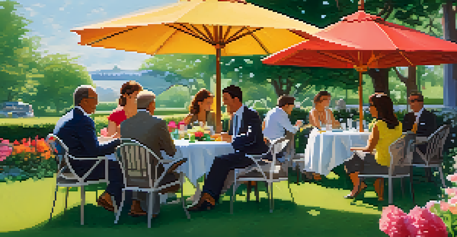 An outdoor networking event in a garden setting with professionals seated at tables under umbrellas, enjoying conversations.