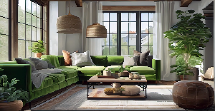 A warm and inviting living room with rustic wood beams, modern furniture, and natural light from a large window.
