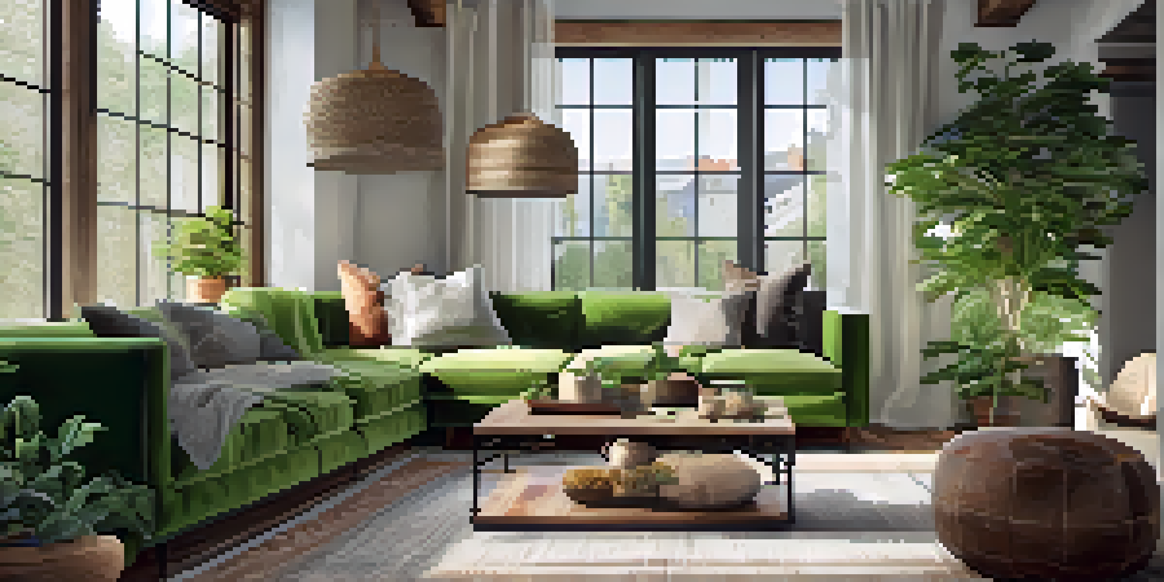 A warm and inviting living room with rustic wood beams, modern furniture, and natural light from a large window.