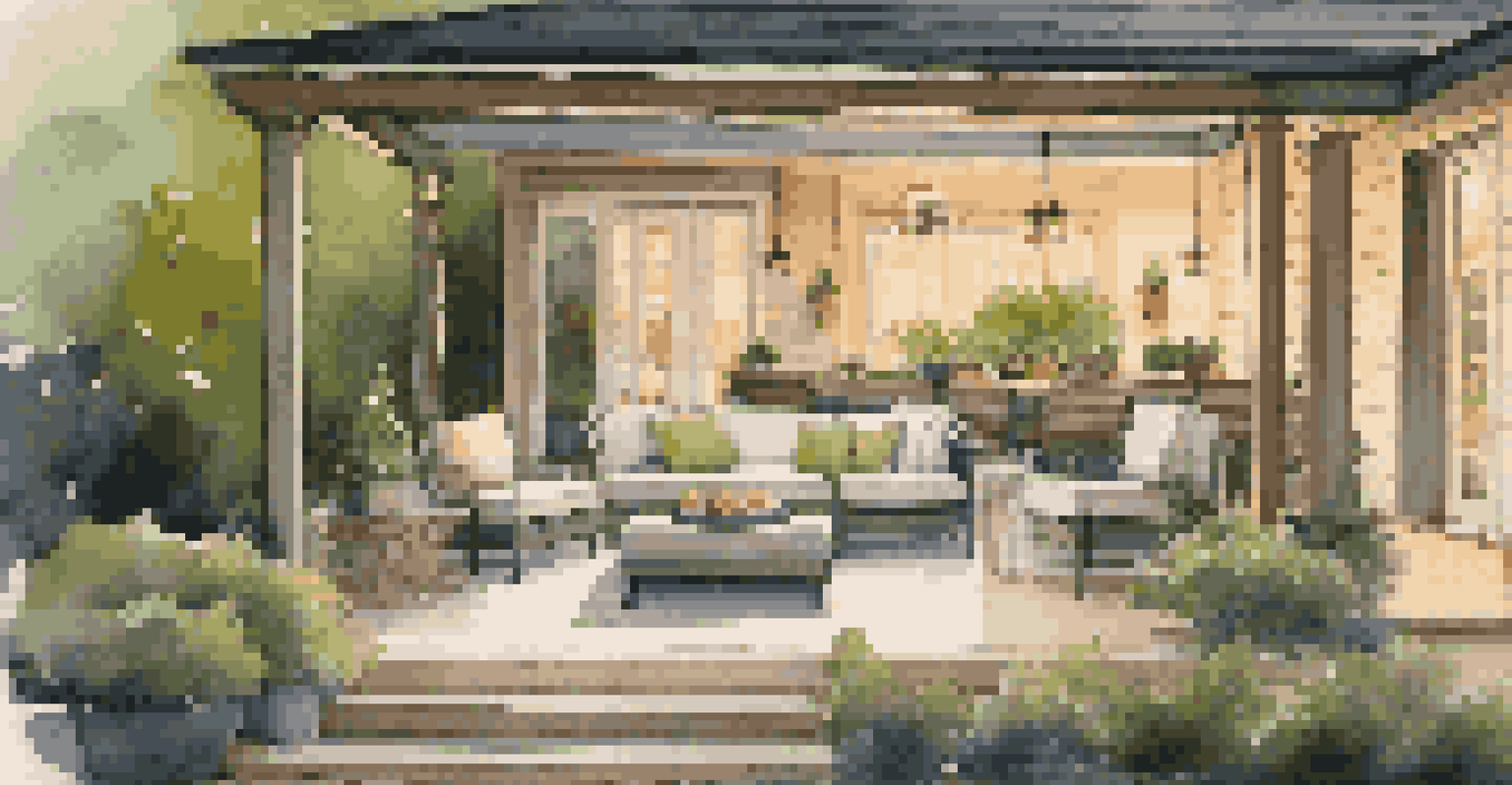 A beautiful outdoor living area with lush plants and smart lighting, designed for comfort and entertainment.