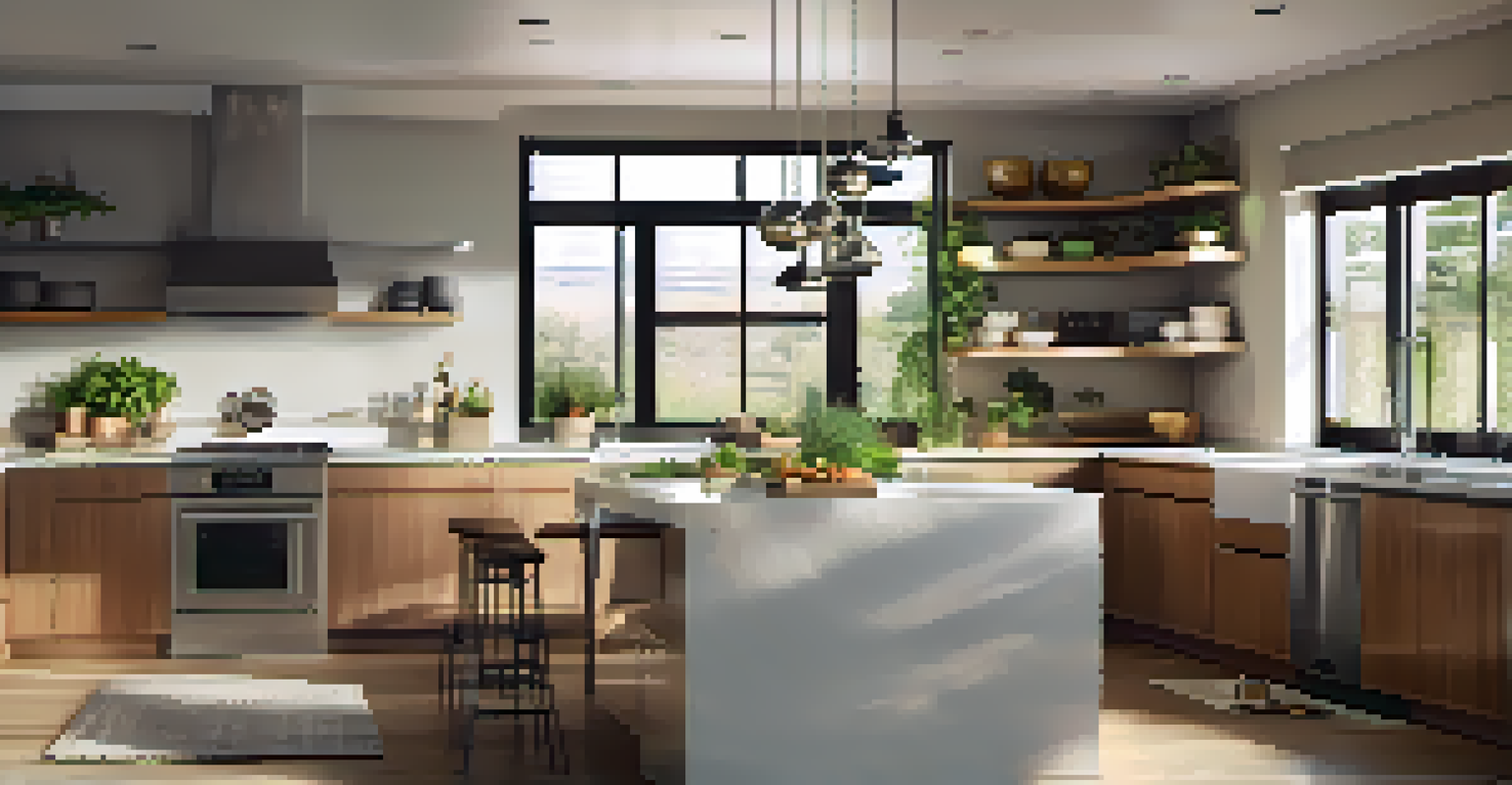 A modern kitchen featuring sleek countertops and energy-efficient appliances, illuminated by sunlight.