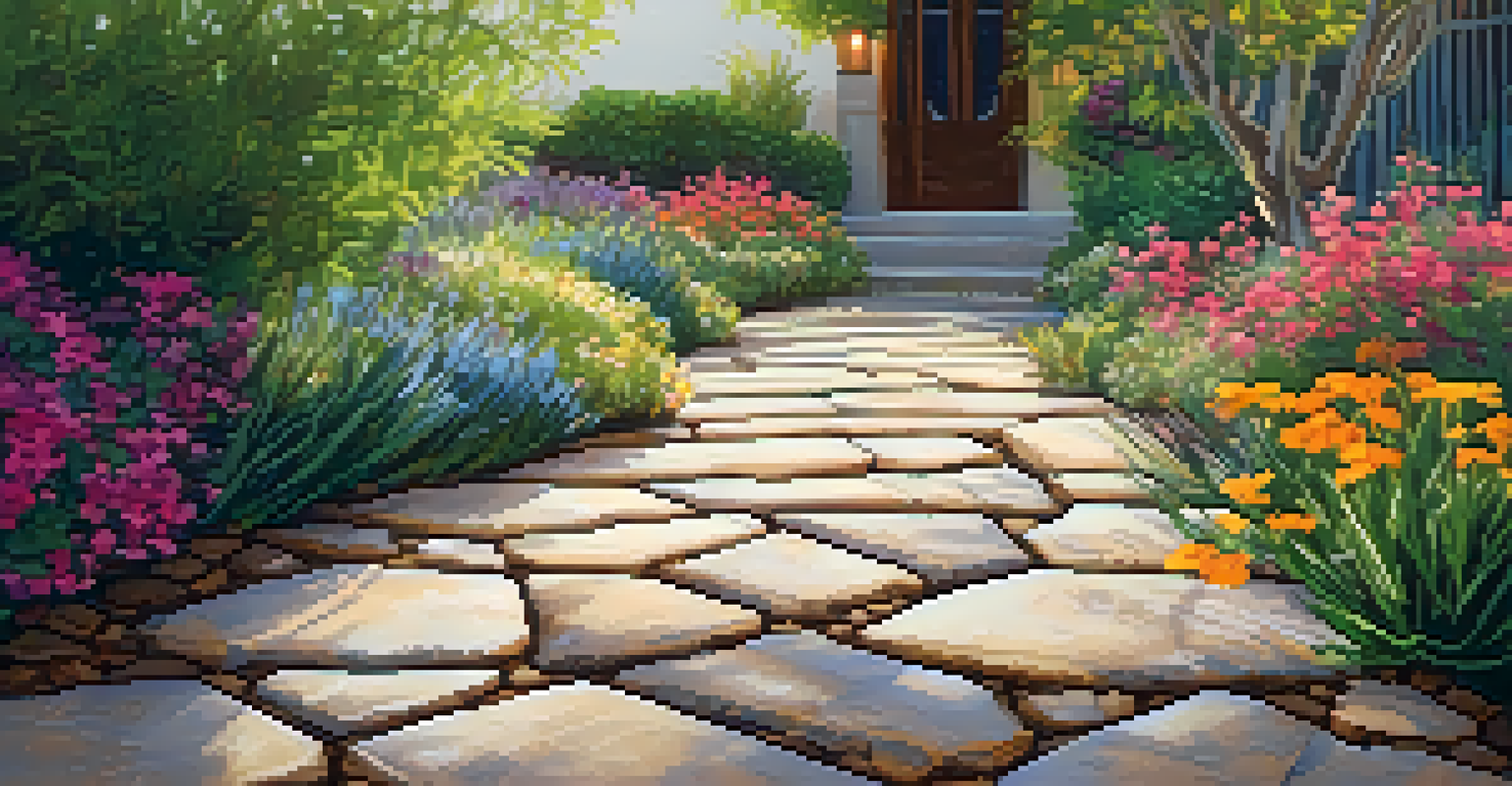 A close-up of a permeable paving stone pathway in a sustainable garden, surrounded by drought-resistant plants and vibrant flowers.
