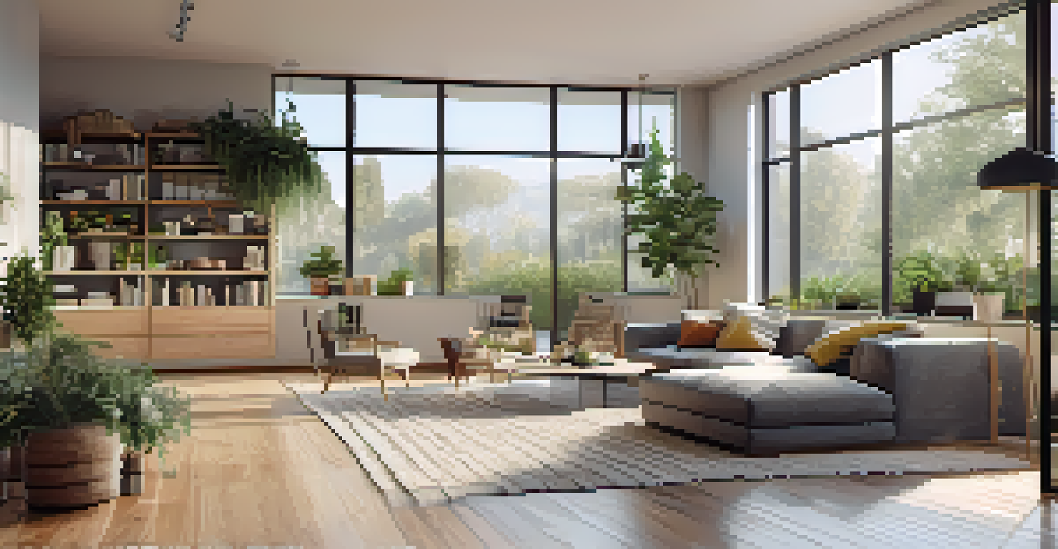 A bright open floor plan with defined zones, featuring a tall bookshelf and textured rugs separating the living and dining areas.