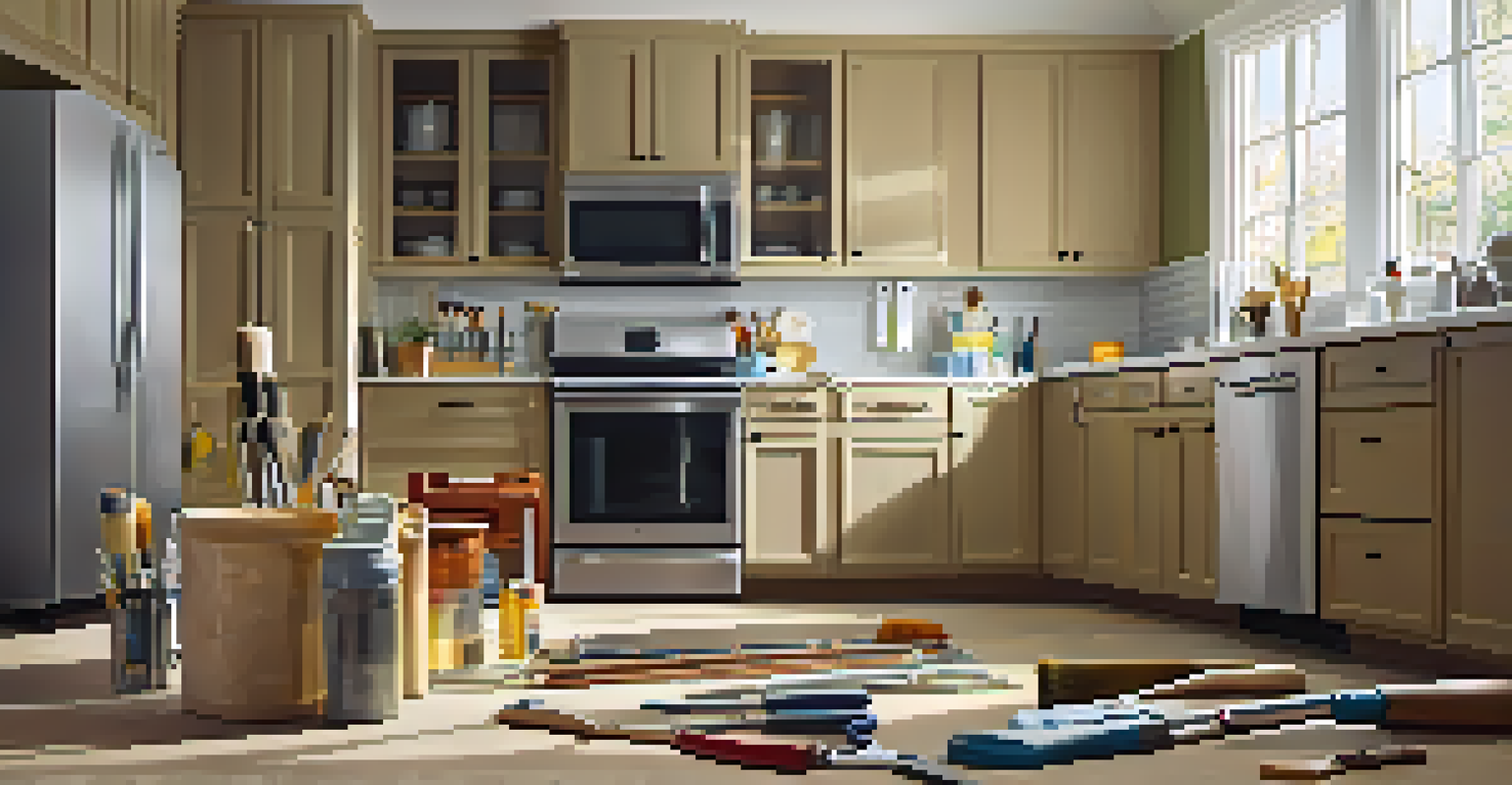 A collection of finishing tools like paintbrushes and caulk guns neatly arranged on a surface, set against the backdrop of a freshly renovated kitchen.