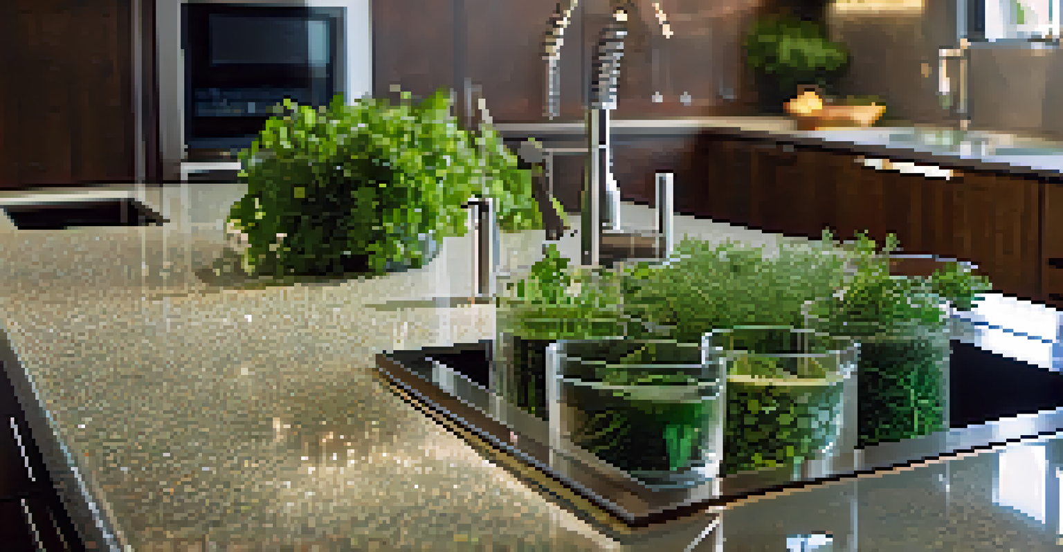 A modern kitchen featuring a recycled glass countertop, minimalistic cabinetry, and fresh herbs in pots.