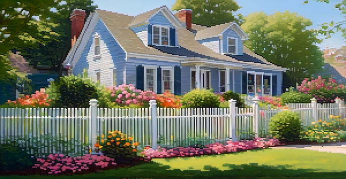 A peaceful suburban neighborhood with a beautiful home, garden, and blue sky.