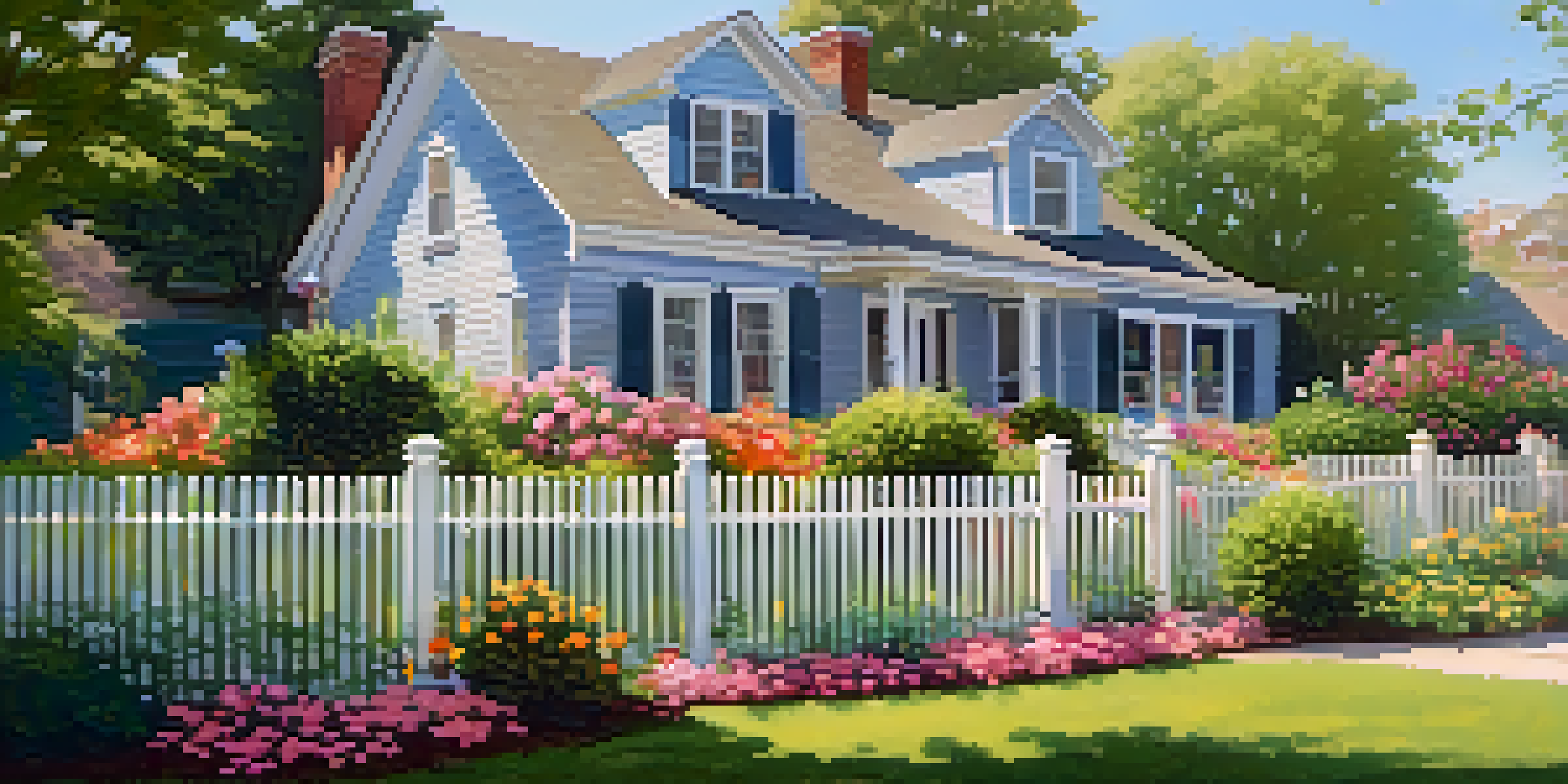 A peaceful suburban neighborhood with a beautiful home, garden, and blue sky.