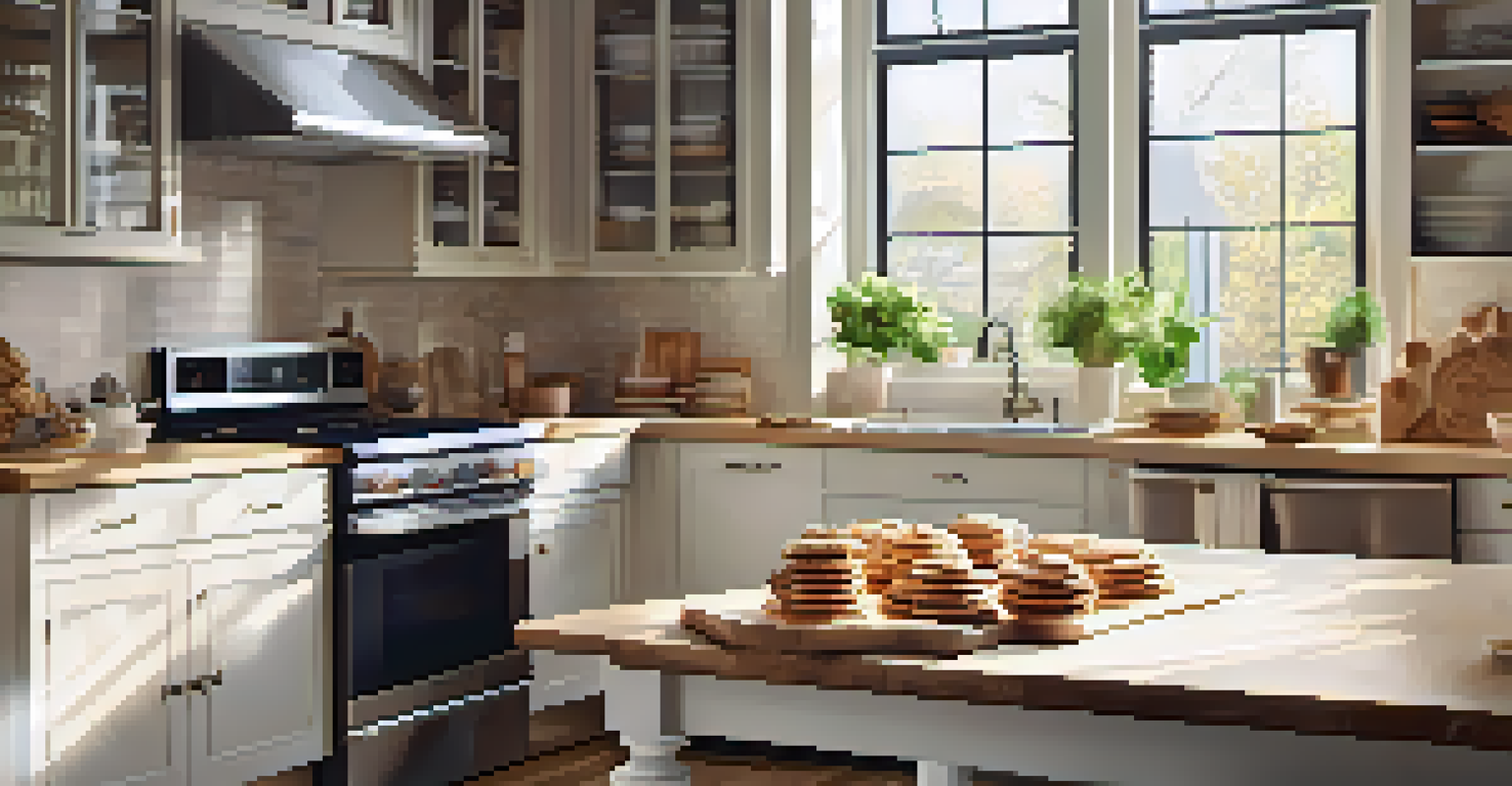 A bright and inviting kitchen with freshly baked cookies, white cabinets, and sunlight streaming through the window.