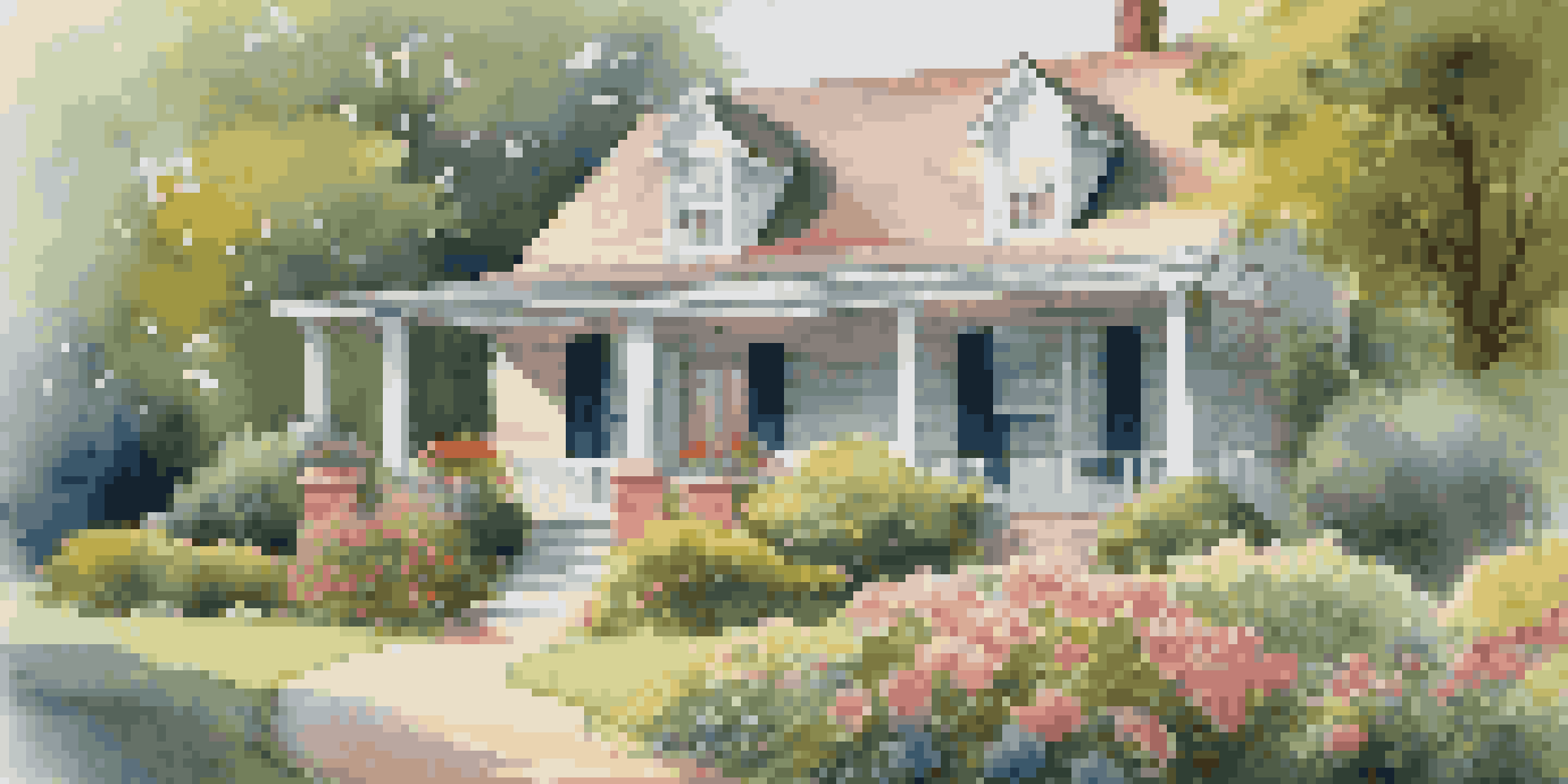 A rural home with a garden full of colorful flowers and a welcoming porch in soft morning light.
