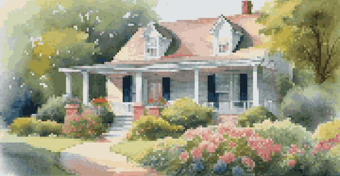 A rural home with a garden full of colorful flowers and a welcoming porch in soft morning light.