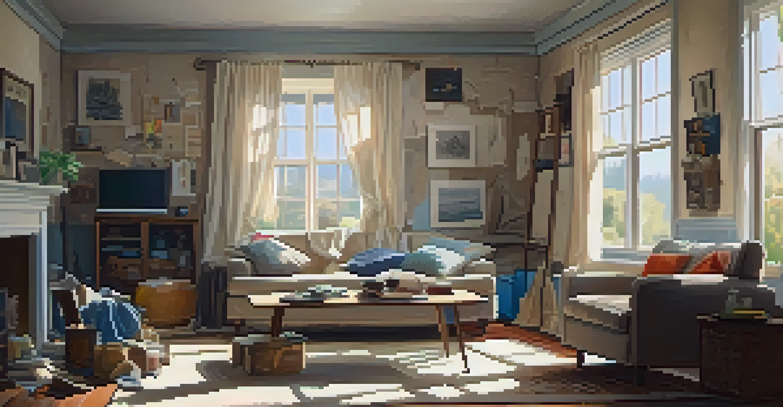 A living room during renovation with tools and covered furniture, illuminated by natural light.