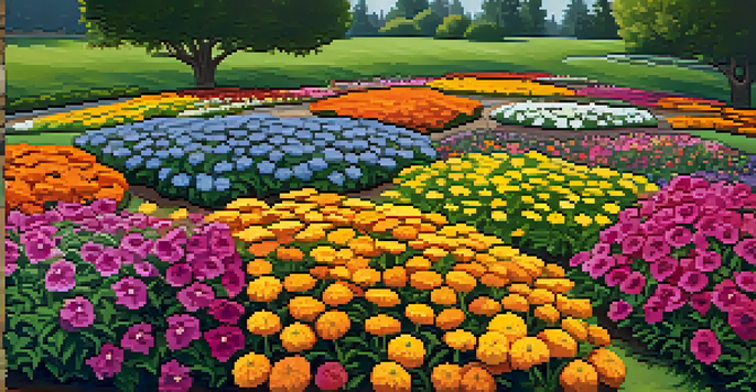 A colorful flower bed with marigolds and petunias, bordered by stones and covered with mulch, under a clear blue sky.
